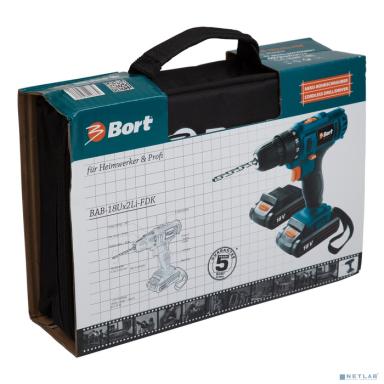 Bort BAB-18Ux2Li-FDK Дрель-шуруповерт аккумуляторная [98296839] { 18 В, 1.5 Ач, Li-Ion, 2 Акк, 33 Нм, 1350 об/мин, БЗП, 1,3 кг, сумка, набор аксессуаров 3 шт }