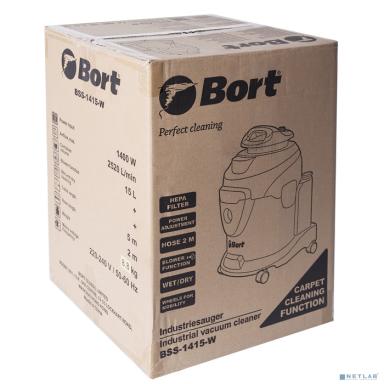 Bort BSS-1415-W Пылесос строительный [91272263] { 1400 Вт, вместимость 15 л, 42 л/сек, 7,6 кг, набор аксессуаров 8 шт }