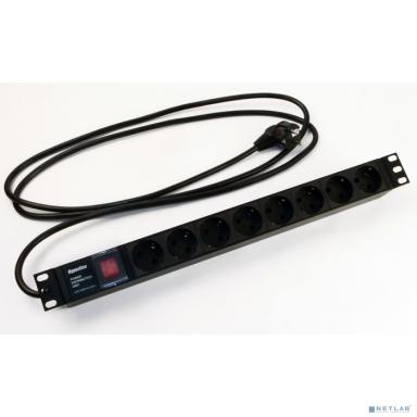 Hyperline SHE19-8SH-S-2.5EU Блок розеток для 19" шкафов, горизонтальный, с выключателем с подсветкой, 8 розеток Schuko (16A), 250В, кабель питания 3х1.5мм2, длина 2.5 м, с вилкой Schuko, 482.6x44.4x44