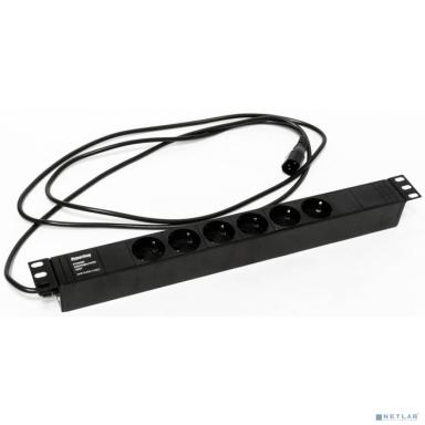 Hyperline SHE19-6SH-2.5IEC Блок розеток для 19" шкафов, горизонтальный, 6 розеток Schuko (10A), 250В, кабель питания 3х1.0мм2, длина 2.5 м, с вилкой IEC 320 C14, 482.6x44.4x44.4мм (ДхШхВ)
