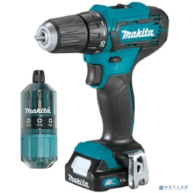 Makita DF333DWYE4 Дрель ак,{12В,2х1.5Ач Li-ion(слайдер),БЗП-10мм,0-450\1700об\м,30\14Нм,1.1кг,чем,подсв+н-р бит B-28905}