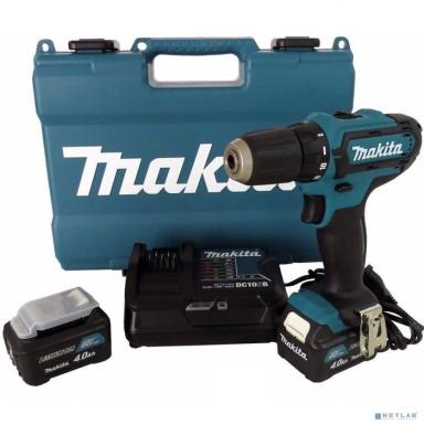 Makita HP333DWME Дрель ак(уд) { 12В,2х4 Ач Li-ion(слайдер),БЗП-10мм,0-450\1700об\м,30\14Нм,1.1кг,чем,подсв }