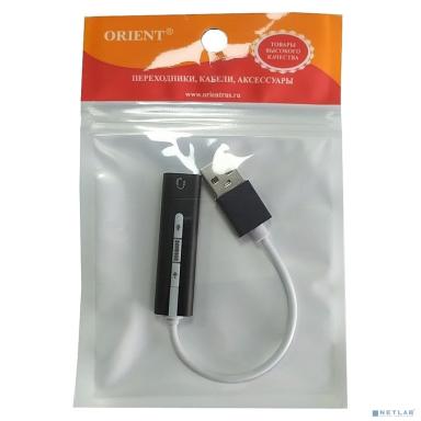 ORIENT AU-04PLB, Адаптер USB to Audio (звуковая карта), jack 3.5 mm (4-pole) для подключения телефонной гарнитуры к порту USB, кнопки: громкость +/-, играть/пауза/вперед/назад; Windows/Linux/MAC OS