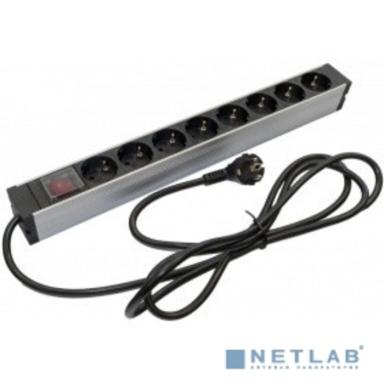 Hyperline SHZ19-8SH-S-2.5EU Блок розеток для 19" шкафов, горизонтальный, 8 розеток Schuko, выключатель с подсветкой, кабель питания 2.5м (3х1.5мм2) с вилкой Schuko 16A, 250В, 482.6x44.4x44.4мм (ШхГхВ)
