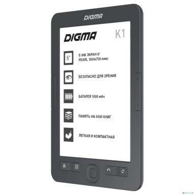 Digma K1 6" E-ink HD Pearl 758x1024 600MHz 128Mb/4Gb/SD/microSDHC темно-серый(1389695)