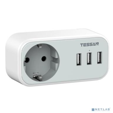 TESSAN TS-329 Grey Сетевой фильтр с 1 розеткой 220В и 3 USB портами {80001845}