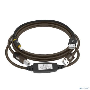 GCR Кабель активный 5.0m USB 2.0, AM/BM, черно-прозрачный, с усилителем сигнала, разъём для доп.питания, 28/24 AWG