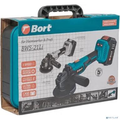 Bort МАШИНА ШЛИФОВАЛЬНАЯ УГЛОВАЯ АККУМУЛЯТОРНАЯ BORT BWS-21LI {21 В; Li-Ion ; 4 Ач; 5000-8500 об/мин; 22,2 мм; 1,7 кг; 4 Ач; батарей 2 шт; аксессуаров 6 шт; гарантия 2 г} [93413571]