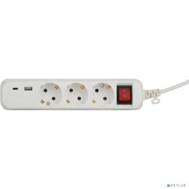 ЭРА Б0052899 Удлинитель электрический UB-3es-5m-USB c заземлением с выключателем 3 розетки + 1xUSBA+1xUSBC 5м 10А