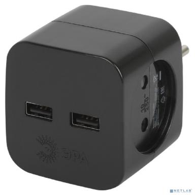 ЭРА Б0049535 Разветвитель электрический SP-2-USB-B на 2 розетки 220V + 2xUSB 2400mA, без заземл 10А (черный) 