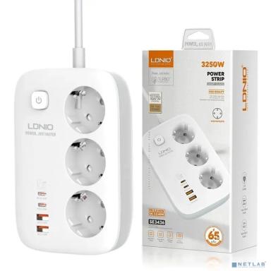 LDNIO SE3436/ Сетевой удлинитель 2м/ 3 розетки/ 3250W/ 4 USB: QC 4.0+PD 3.0+PPS/ GAN 65W/ White