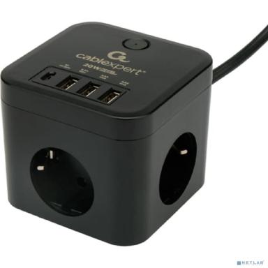 Cablexpert Сетевой фильтр Cube CUBE-3-CU3-B-1.5 (3р, 10А, 1xType-C PD, 3xUSB, 1.5м, ур.защиты 4+) черный, коробка