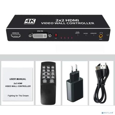 ORIENT HSP2X2WN, контроллер видеостены 2x2, 8 режимов отображения, UHD 4K/30Гц (3840x2160), 1080p/60Гц, HDMI 1.4, HDCP1.2, HDMI 1 вход/4 выхода, DVI вход, RS232(DB9F) (33206)