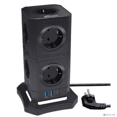 RITMIX RM-292C Black Сетевой фильтр с кнопкой питания {16 А, 9 розеток, USB Type-C 30 Ватт и два USB A 5 В, 2,4А, 2 м } {80003365}