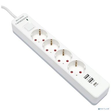 Гарнизон Сетевой фильтр EPS-OP-4-CU2-W-2 2.0 Мультипорт 4р, 10А, 1xType-C PD, 2 х USB QC, 4м, ур.защиты 4+, белый, пак(21449)