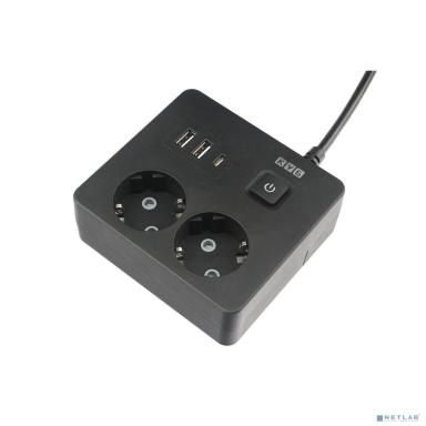 PowerCube Бытовой удлинитель (PC-1B-2M) 2р с/з вык.,3USB, 3500 Вт, 16А, 1.9 м, 3*1,0 (черный) квадрат {22308}