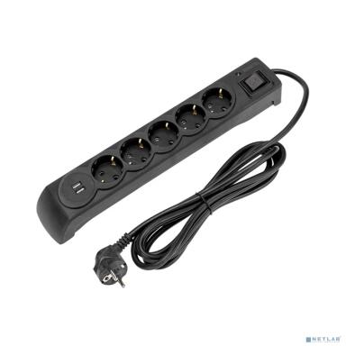 Kranz (13-4703) Фильтр сетевой 5 гнезд, 5м, 3х1,5мм?, с автовыкл, 2 USB, черный
