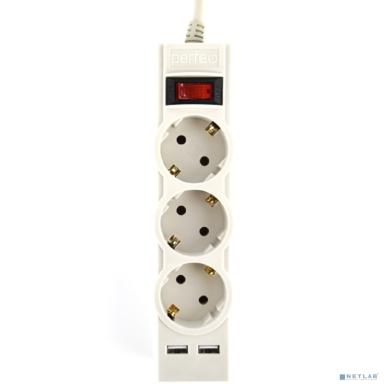 Perfeo сетевой фильтр "POWER-S", 5,0м, 3 розетки 10А, 2USB, 2500 Вт, двойная защита, серый.