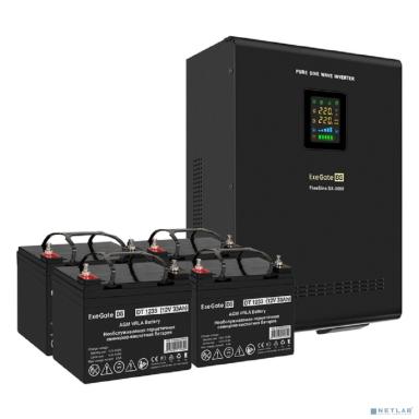 Exegate EX296633RUS Комплект ИБП EX296003RUS + батарея 33Ач EX282974RUS 4шт (инвертор, синус, для котла, настенный) FineSine SX-3000.LCD.AVR.2SH.T <3000VA/2100W, чистая синусоида, цветной LCD-дисплей,