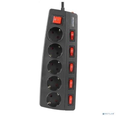 Filum Сетевой фильтр FL-SPL5-1.8M-BL, 2500 Вт., 5 розеток, защитные шторки, инд. выключатели, шнур 1.8 м., черный {00-01095523}