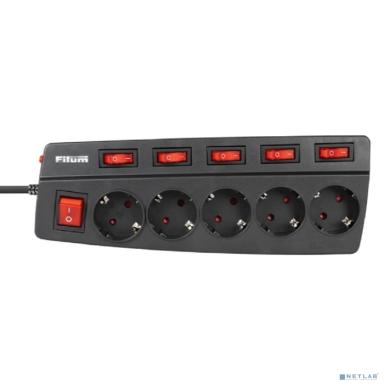 Filum Сетевой фильтр FL-SPL5-3.0M-BL, 2500 Вт., 5 розеток, защитные шторки, инд. выключатели, шнур 3.0 м., черный {00-01095524}