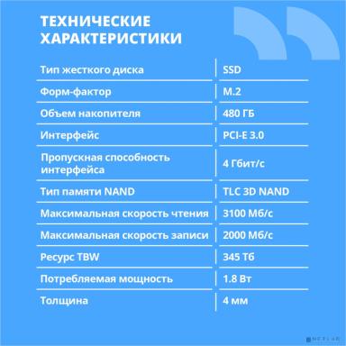 CBR SSD-480GB-M.2-BS24b, Внутренний SSD-накопитель, серия "Base", 480 GB, M.2 2280, PCIe 3.0 x4, NVMe 1.3, 3D TLC NAND, R/W speed up to 3100/2000 MB/s, TBW (TB) 345, OEM