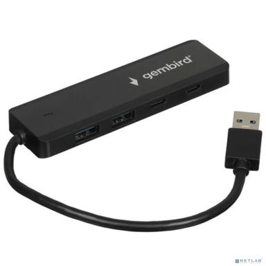 Gembird Разветвитель USB3.1 2xUSB, 2xType-C, с доп.пит (Type-C), кабель USB 19см, черный, коробка (UHB-C415)