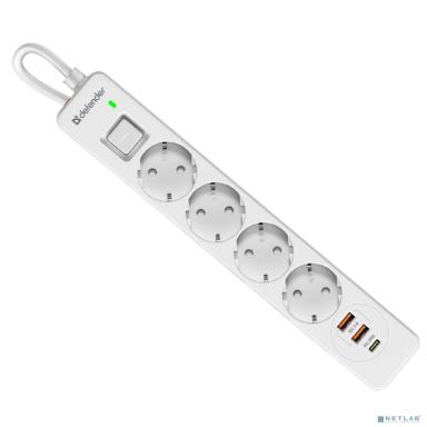 Defender Удлинитель с сетевым фильтром DFS 141 1.5 м,белый,4розетки,USB+TypeC [99433]