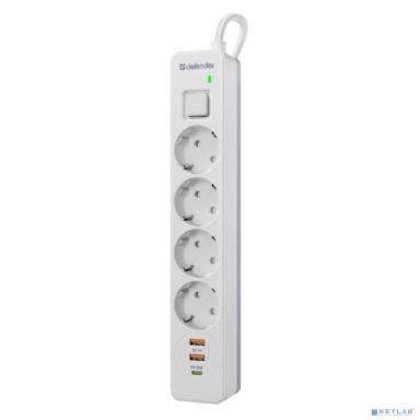 Defender Удлинитель с сетевым фильтром DFS 143 3 м,белый,4розетки,USB+TypeC [99434]