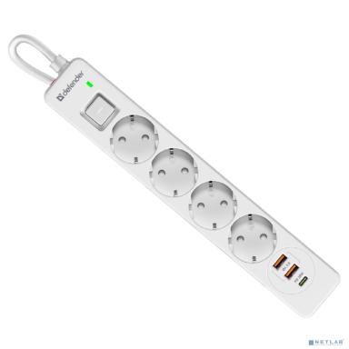 Defender Удлинитель с сетевым фильтром DFS 145 5 м,белый,4розетки,USB+TypeC [99435]