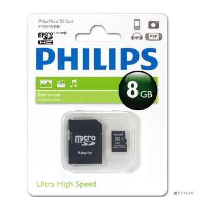 Micro SecureDigital 8GB Philips microSDHC Class 10 (SD адаптер) (FM08MA45B/97)